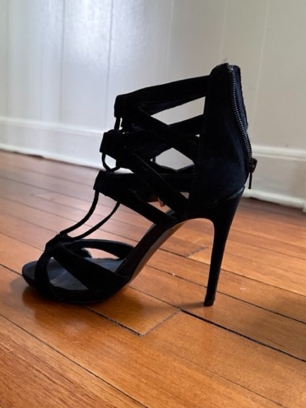 Black Lace-up Suede Heels Shoes Size 7.5